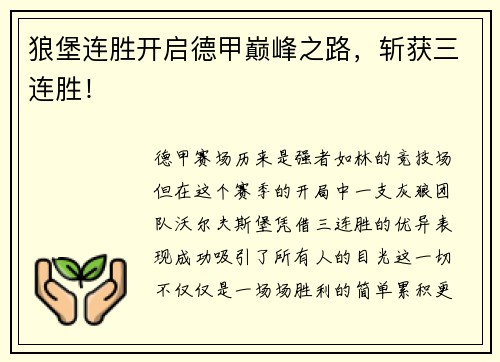 狼堡连胜开启德甲巅峰之路，斩获三连胜！